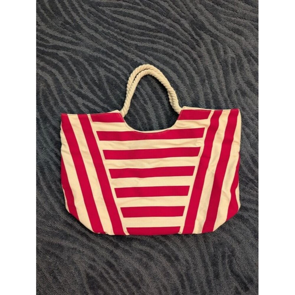 Lancome Pink Red Striped Canvas Tote Bag Rope Handles Beach Bag Handbag Purse